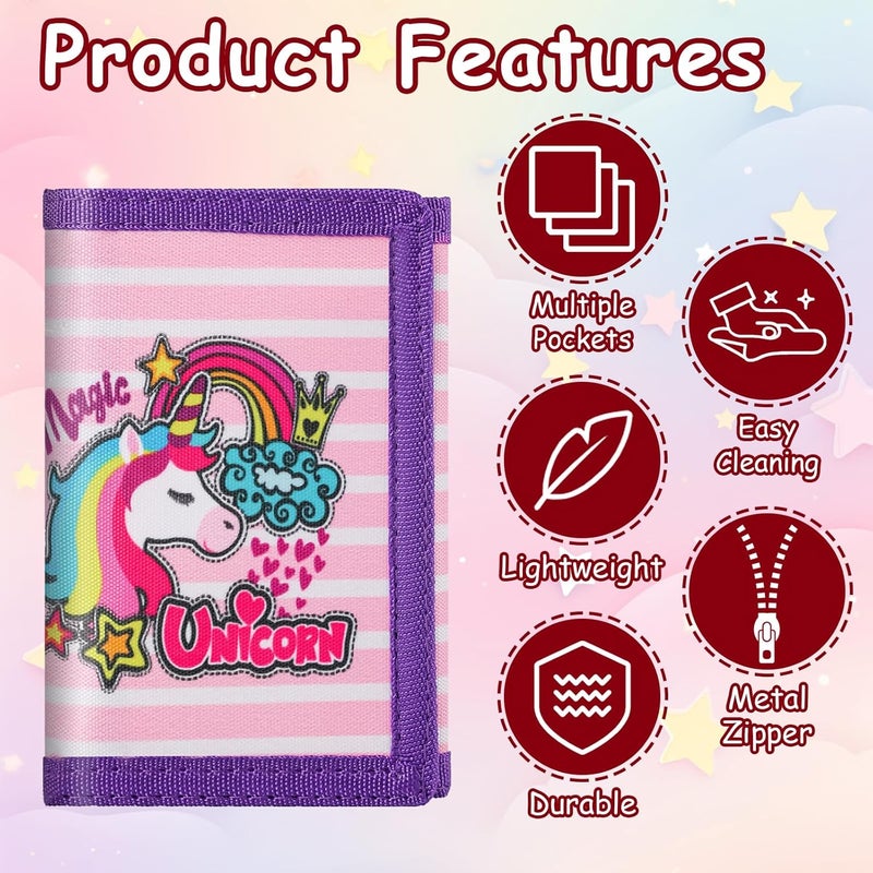 Sundee RFID Blocking Wallet,3 Packs Kids Wallet Bulk,Mini Trifold Coin Purse Cartoon Wallet,Front Pocket Wallet with Zipper for Kids,Canvas Outdoor Sports Wallets with Magic Sticker - Pink Animals - Image 5